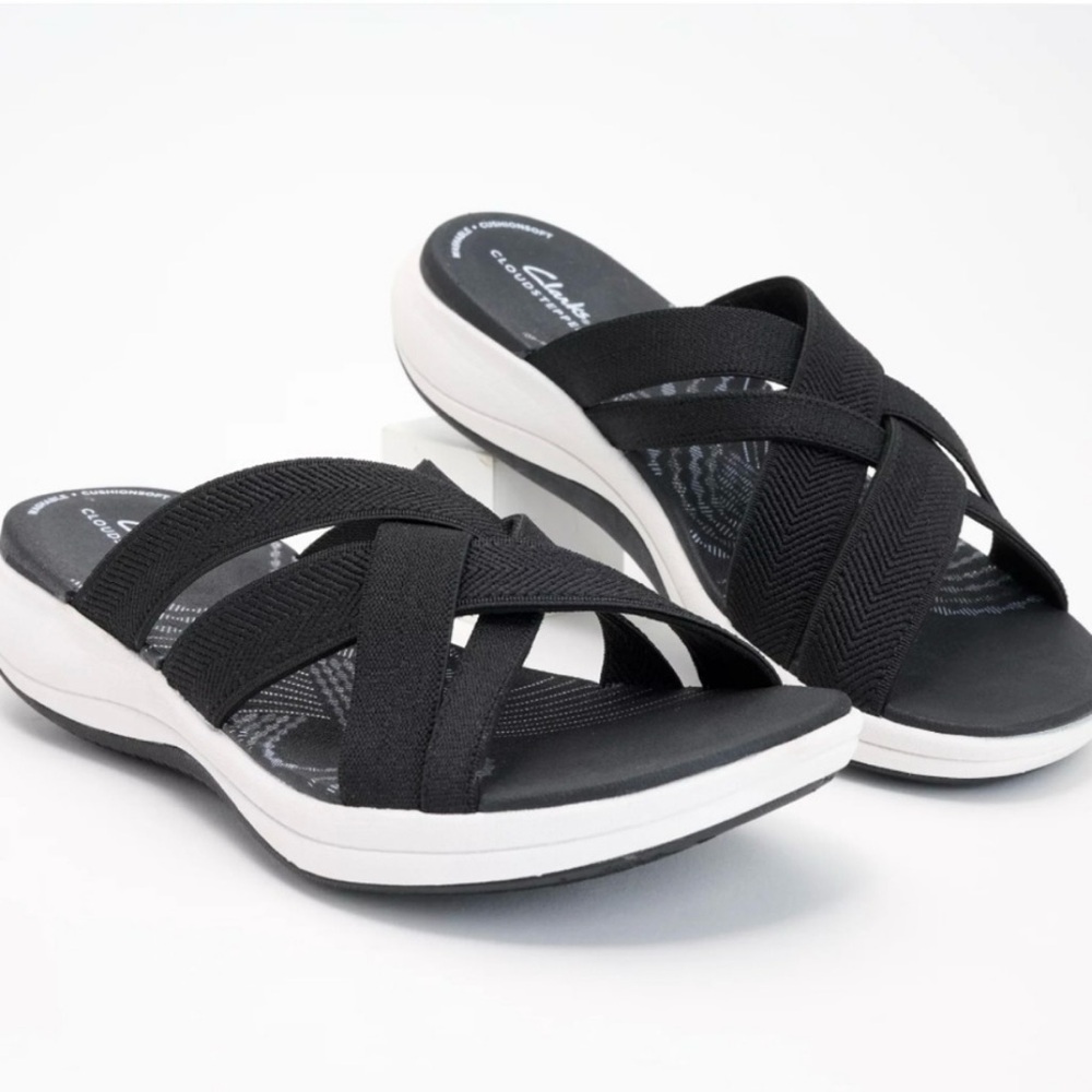 Clarks Cloudsteppers Mira Grove Cushionsoft Women’s Black Slide Sandals, Sz 6.5